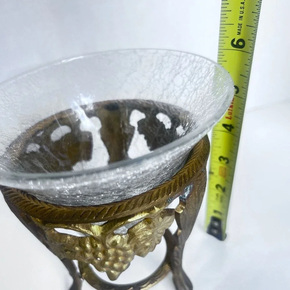 Vtg Brass Crackle Glass Candle‎ Holder Vase Compote Bowl Grape Motif Design **